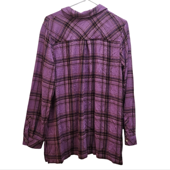 J. JILL Purple Plaid Textured Crinkled Button Front Tunic Shirt Size M Lagenlook - Picture 4 of 4